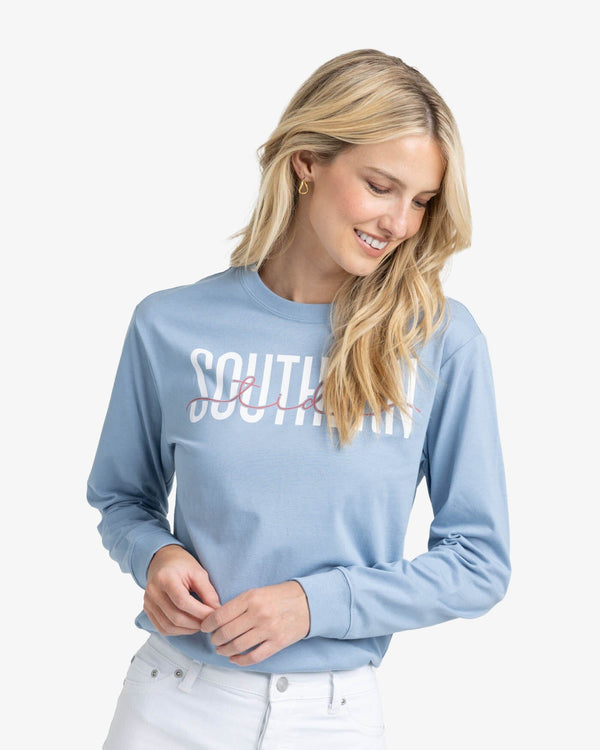 The front view of the Southern Tide ST Front Print Long Sleeve T-Shirts by Southern Tide - Mountain Spring Blue