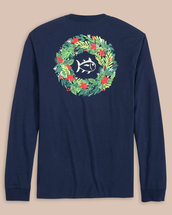 The back view of the Southern Tide ST Holiday Wreath Long Sleeve T-Shirt by Southern Tide - Dress Blue