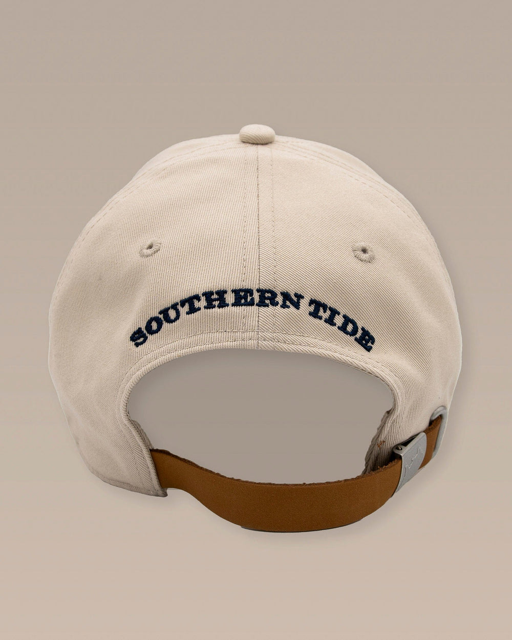 The back view of the Southern Tide ST Letterman Leather Strap Hat by Southern Tide - Oatmeal