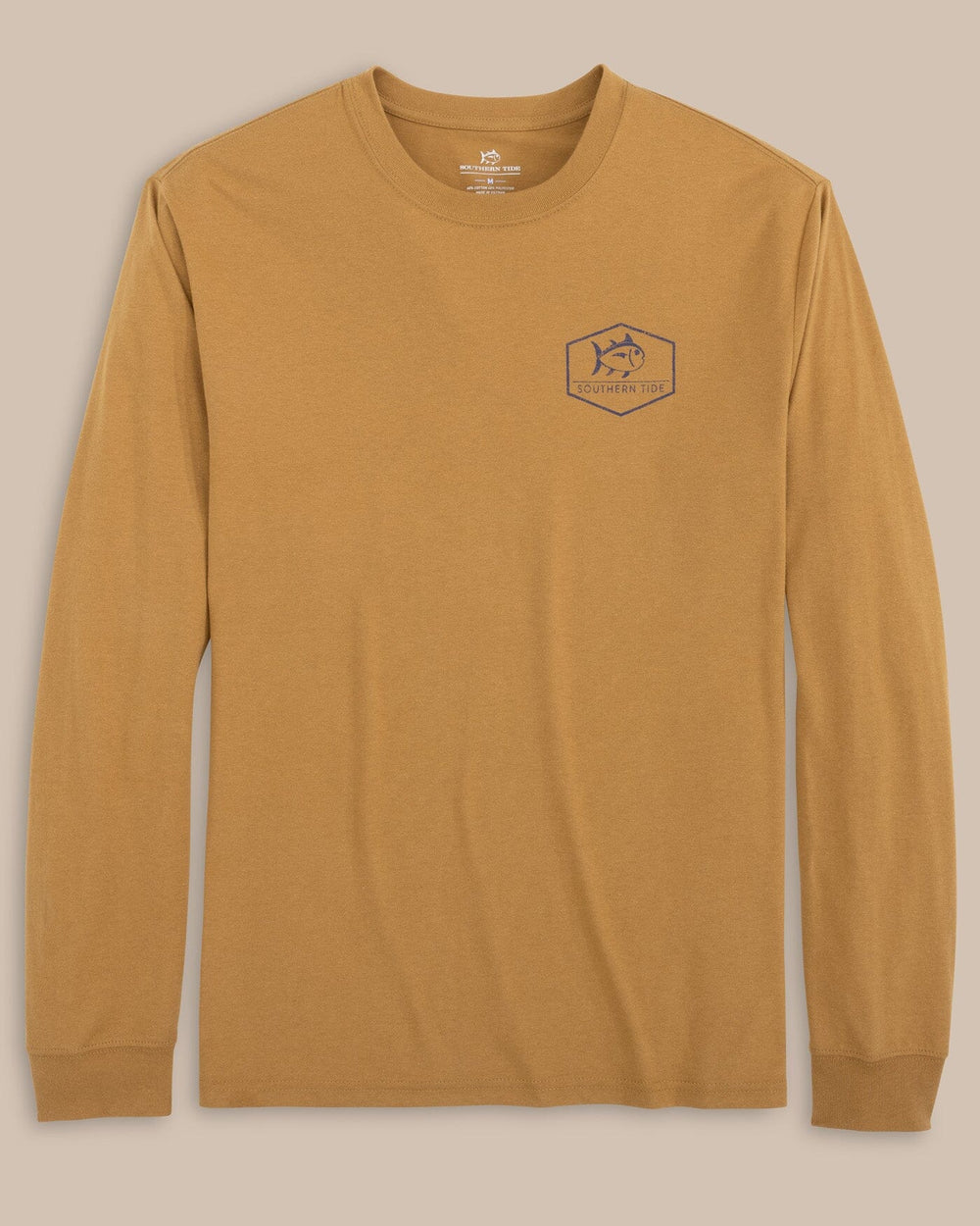 The front view of the Southern Tide ST Lowcountry Oyster Jamboree Long Sleeve T-Shirt by Southern Tide - Hazelnut Khaki