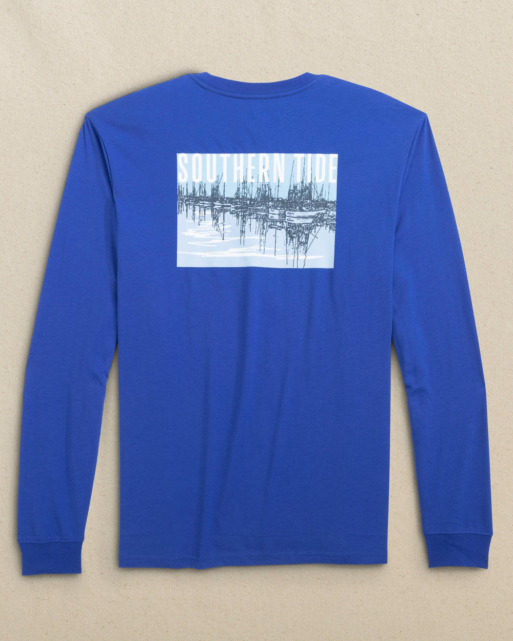 The back view of the Southern Tide ST Marina Boats Long Sleeve T-Shirt by Southern Tide - Surf Blue