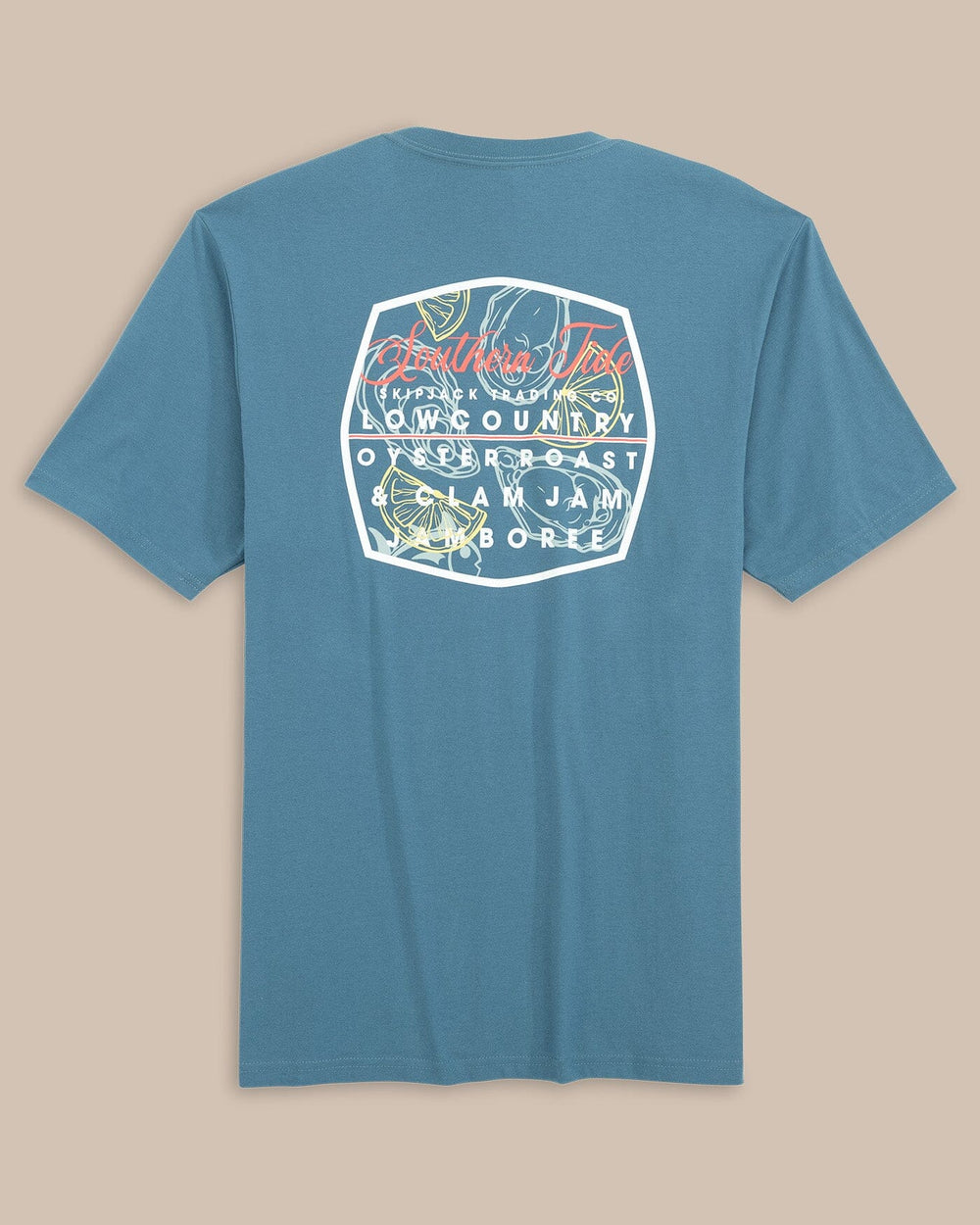 The back view of the Southern Tide Oyster Roast Short Sleeve T-Shirt by Southern Tide - Sea Blue