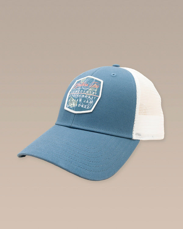 The front view of the Southern Tide ST Oyster Roast Trucker Hat by Southern Tide - Agean Blue