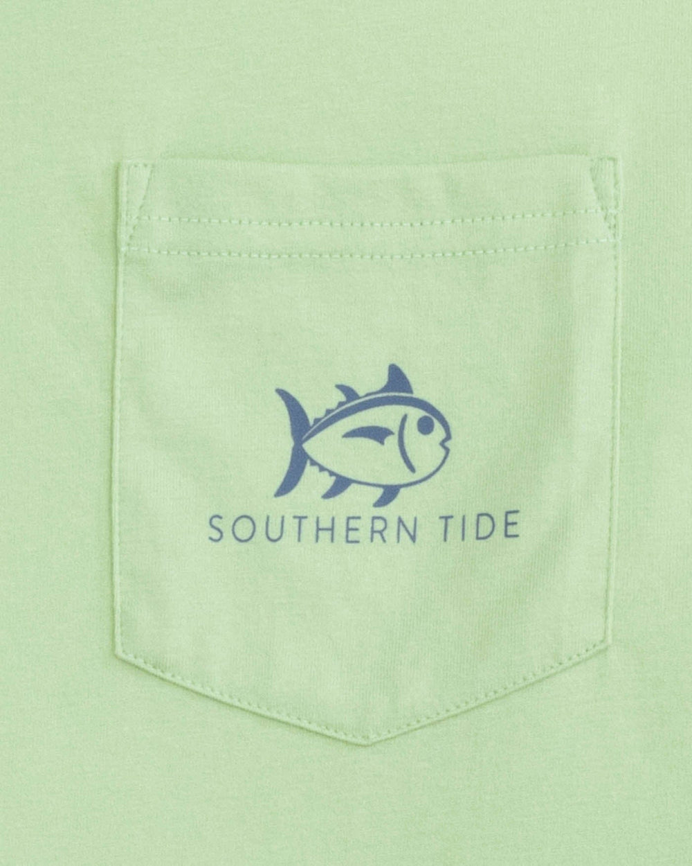The detail view of the Southern Tide ST Skipjack Crossed Short Sleeve T-Shirt by Southern Tide - Smoke Green
