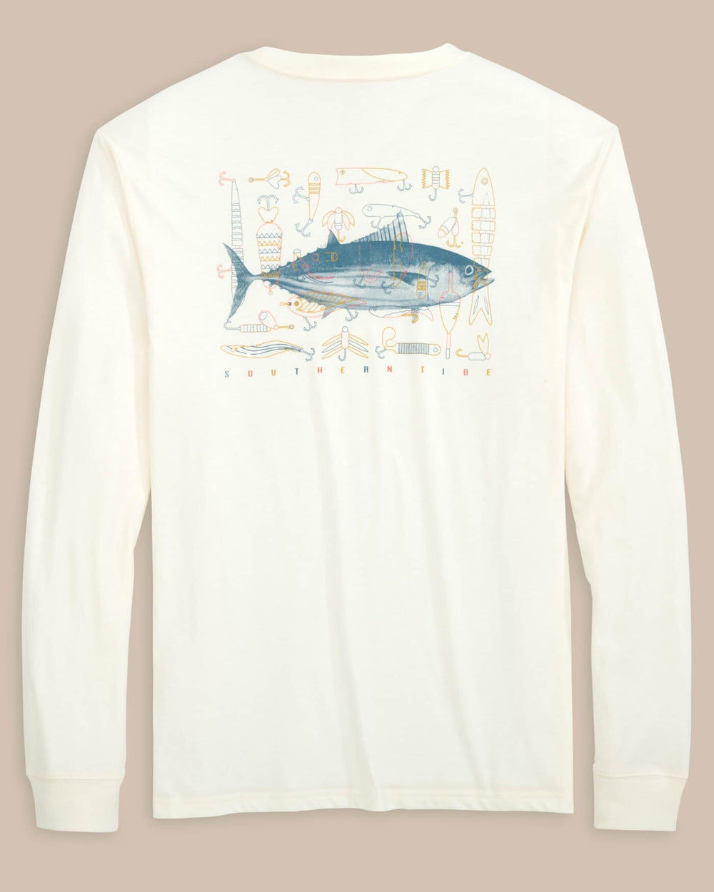 The back view of the Southern Tide ST Skipjack Lures T-Shirt by Southern Tide - Sand White