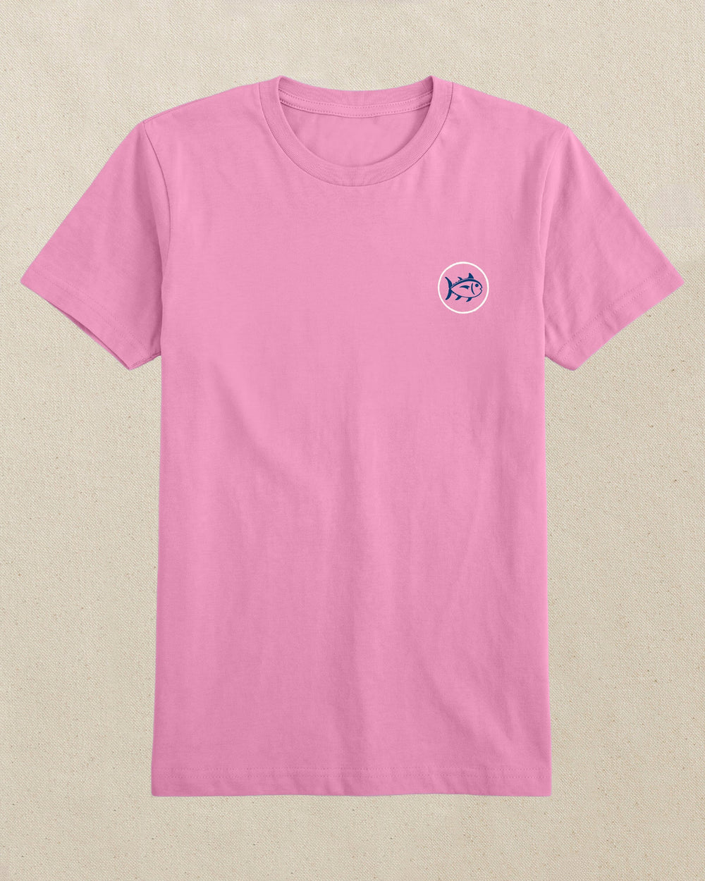 The front view of the Southern Tide ST Skipjack Palm Short Sleeve T-Shirt by Southern Tide - Begonia Pink