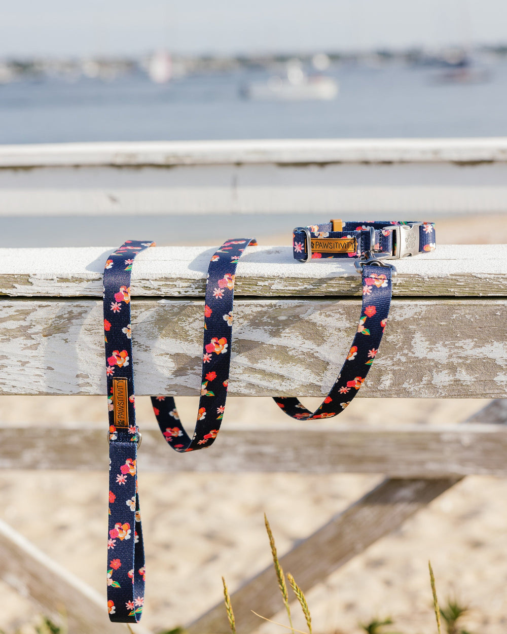 The lifestyle view of the Southern Tide ST x Pawsitivity Garden Splendor Dog Leash by Southern Tide - Dress Blue