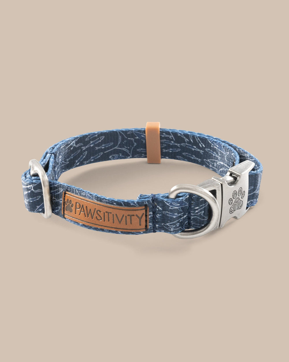 The front view of the Southern Tide ST x Pawsitivity Schooling Fish Dog Collar by Southern Tide - Dress Blue