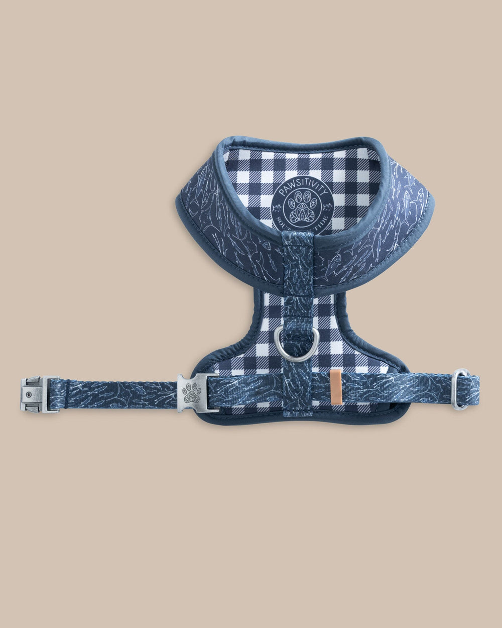 The front view of the Southern Tide ST x Pawsitivity Schooling Fish Dog Harness by Southern Tide - Dress Blue