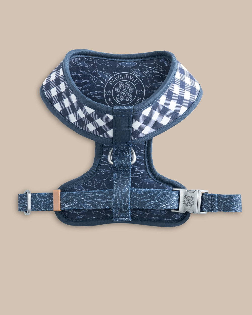 The reverse view of the Southern Tide ST x Pawsitivity Schooling Fish Dog Harness by Southern Tide - Dress Blue