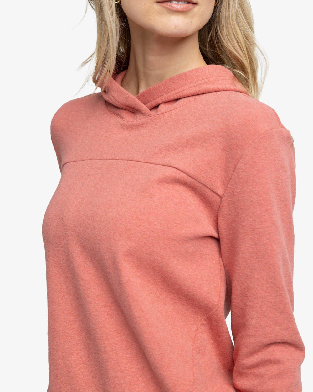 The detail view of the Southern Tide Stassi Hoodie by Southern Tide - Heather Dusty Coral
