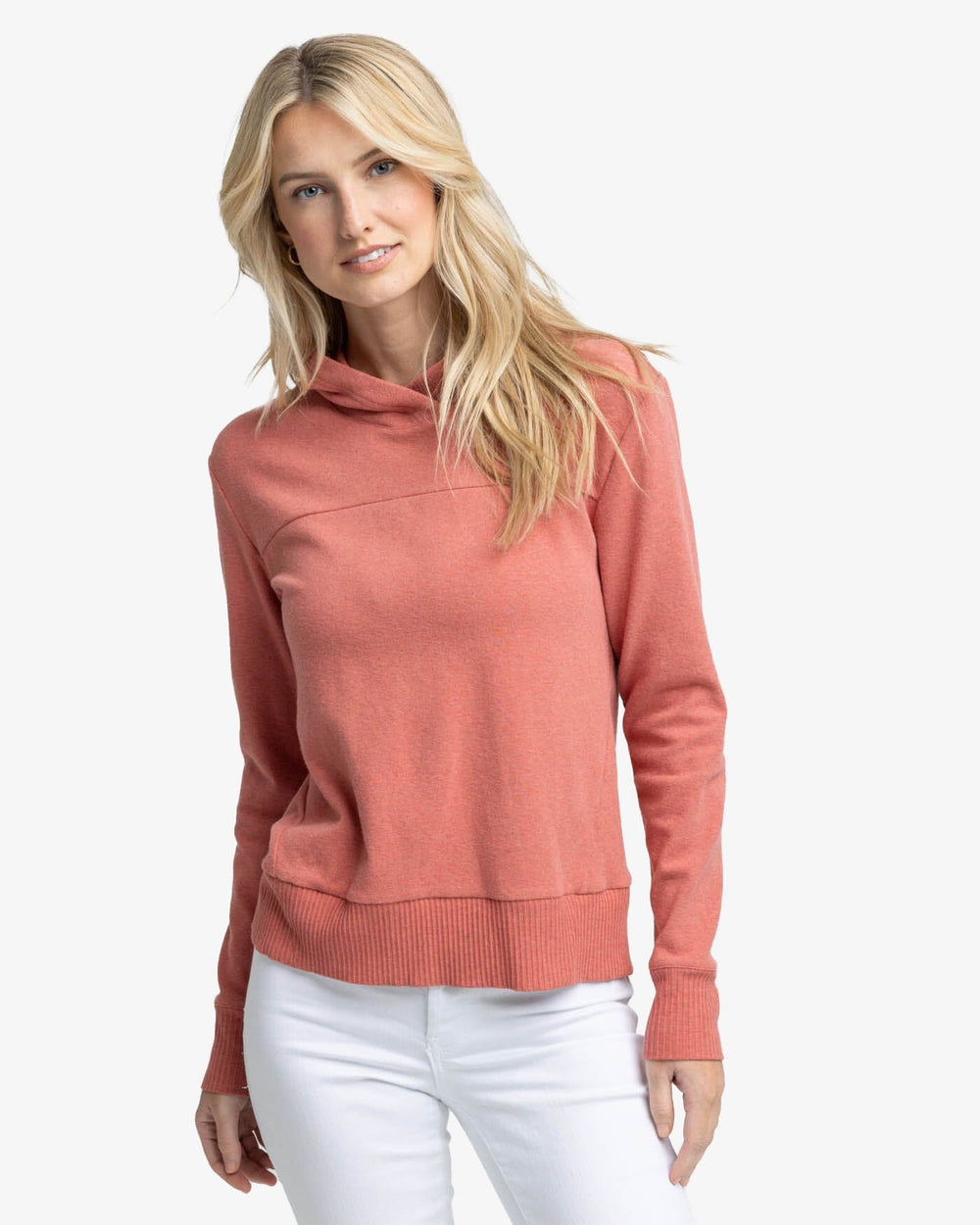 The front view of the Southern Tide Stassi Hoodie by Southern Tide - Heather Dusty Coral