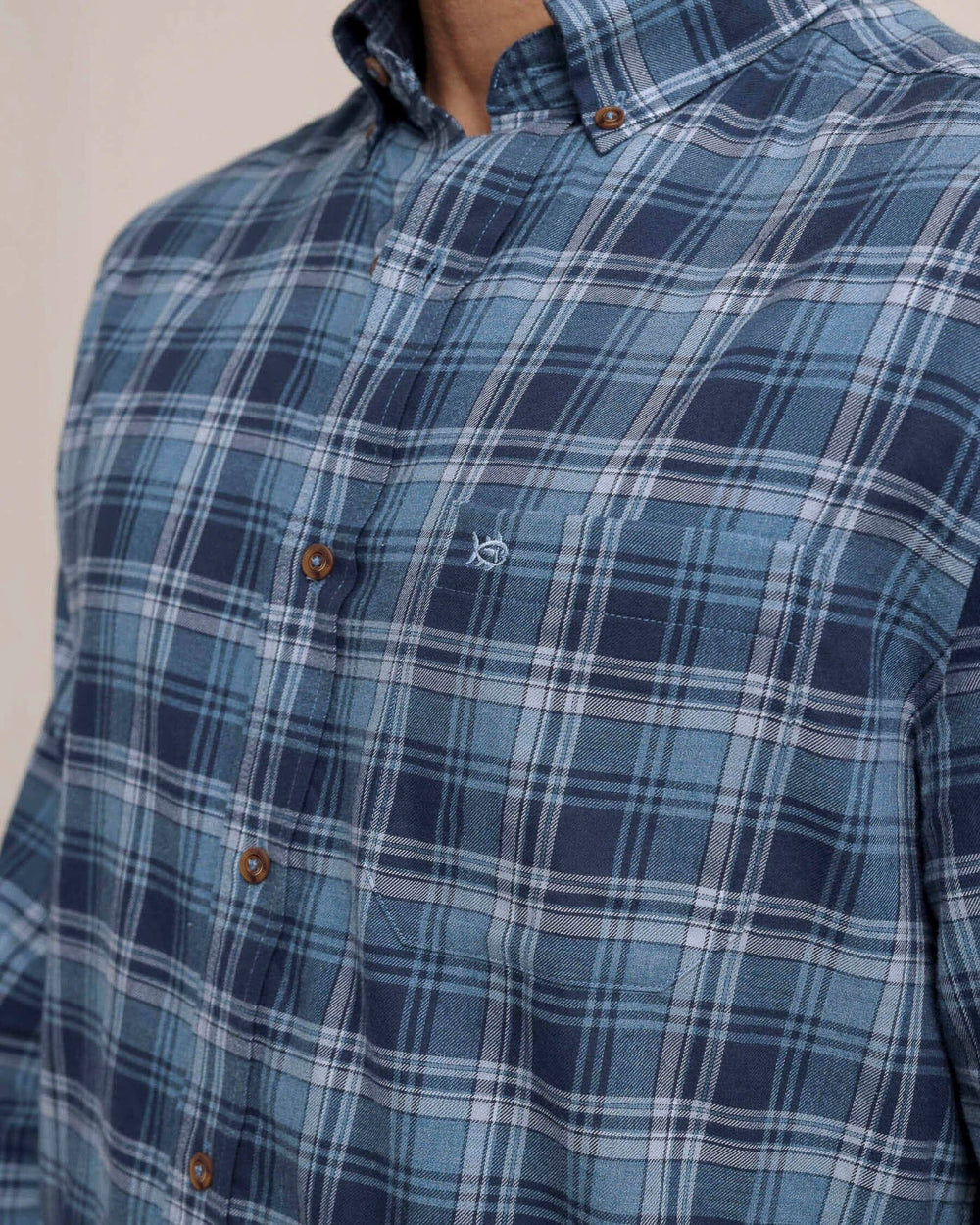 The detail view of the Southern Tide Stillwater Plaid Long Sleeve Sport Shirt by Southern Tide - Sea Blue