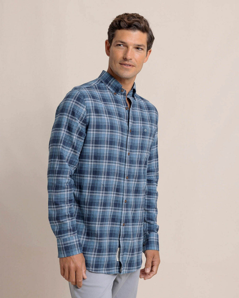 The front view of the Southern Tide Stillwater Plaid Long Sleeve Sport Shirt by Southern Tide - Sea Blue