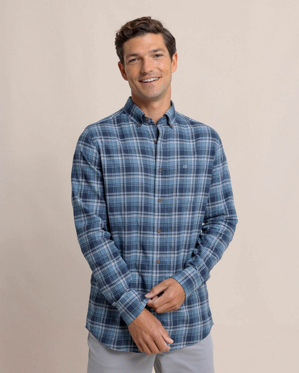 The front view of the Southern Tide Stillwater Plaid Long Sleeve Sport Shirt by Southern Tide - Sea Blue