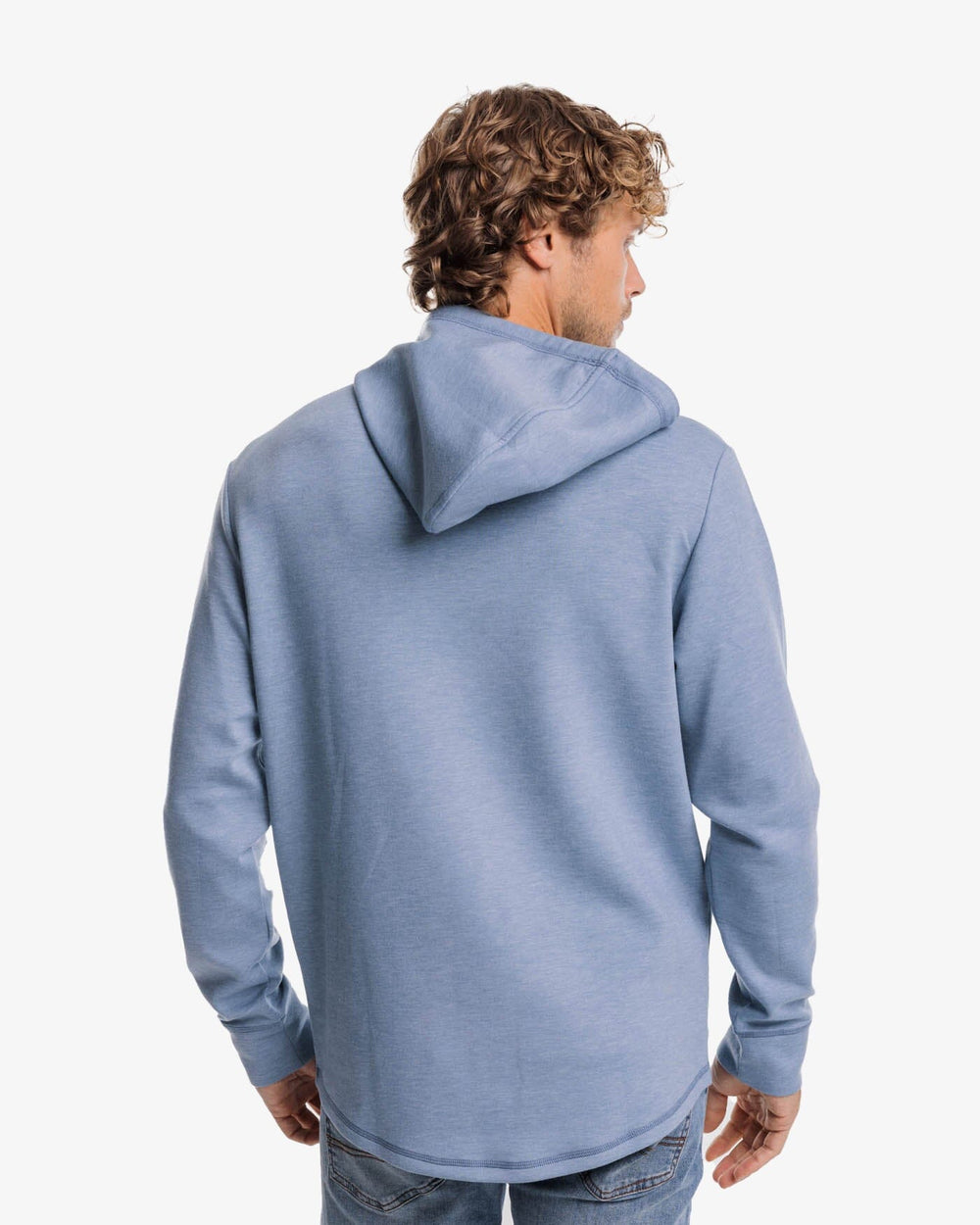 The back view of the Southern Tide Stratford Heather Interlock Hoodie by Southern Tide - Heather Blue Haze