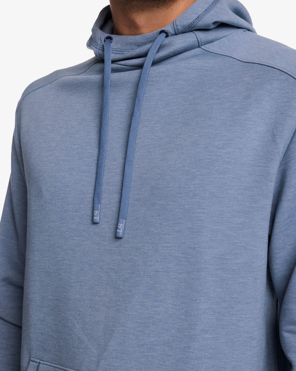 The detail view of the Southern Tide Stratford Heather Interlock Hoodie by Southern Tide - Heather Blue Haze