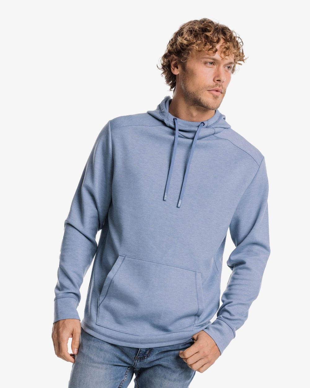 The front view of the Southern Tide Stratford Heather Interlock Hoodie by Southern Tide - Heather Blue Haze
