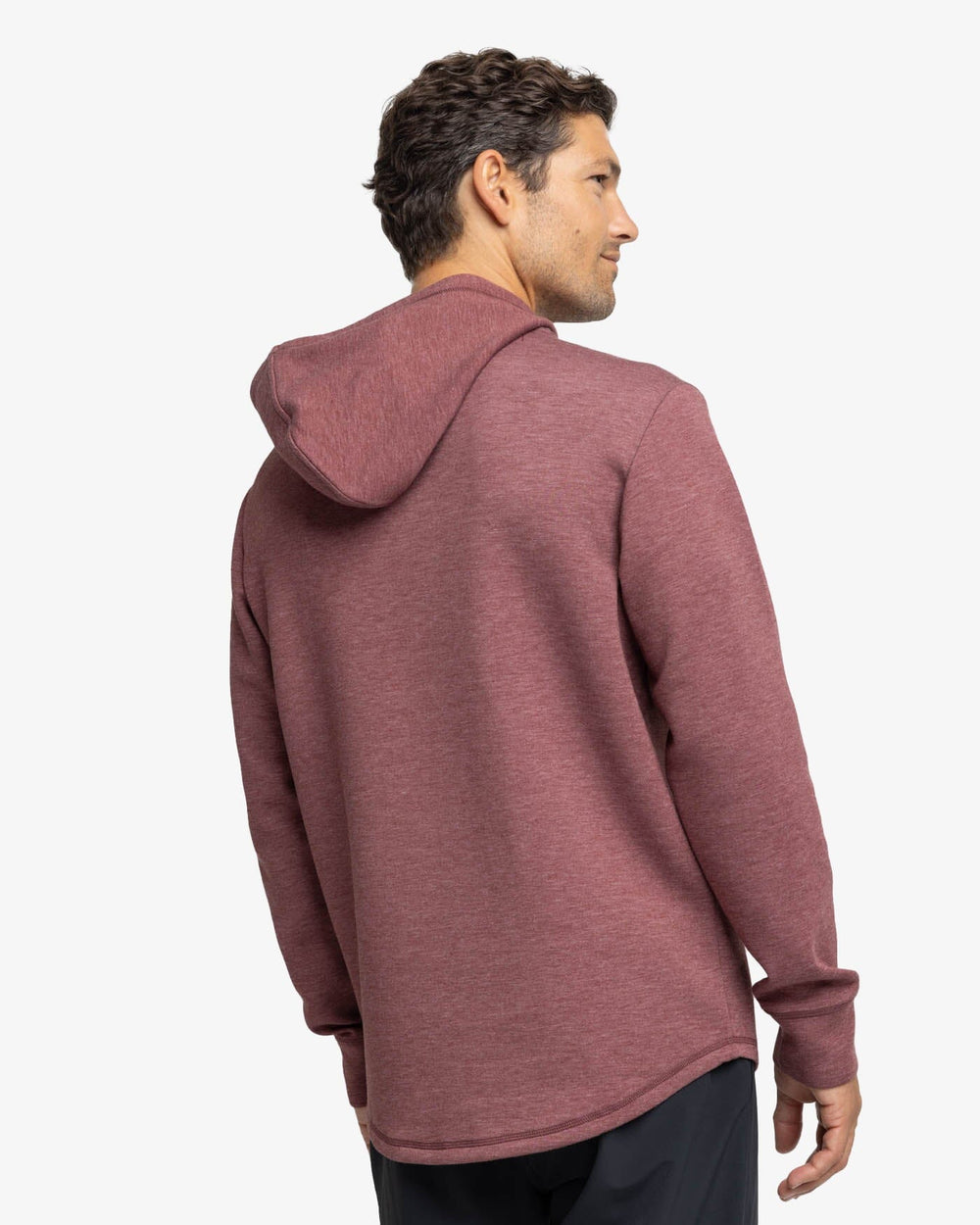 The back view of the Southern Tide Stratford Heather Interlock Hoodie by Southern Tide - Heather Bordeaux Red