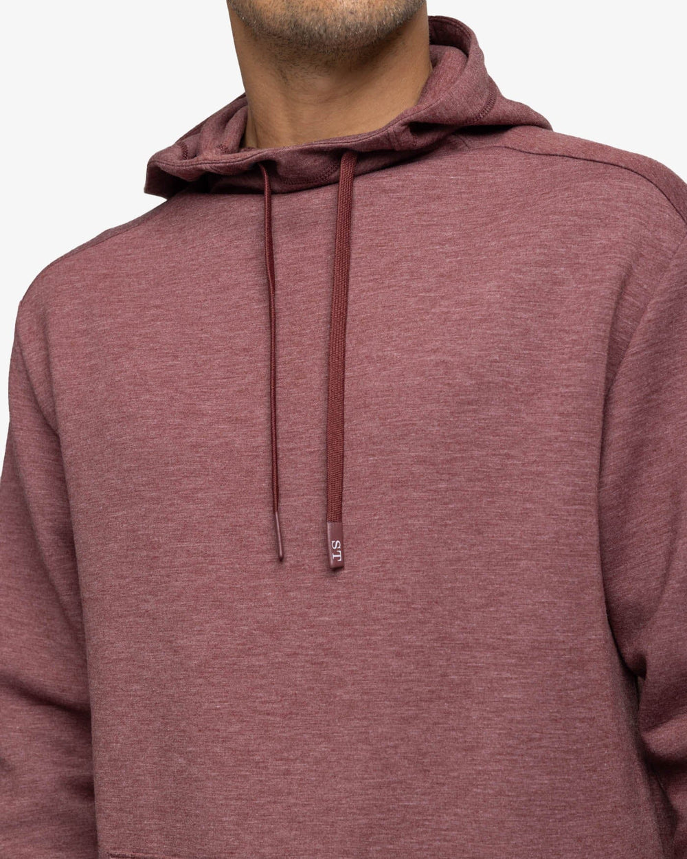 The detail view of the Southern Tide Stratford Heather Interlock Hoodie by Southern Tide - Heather Bordeaux Red