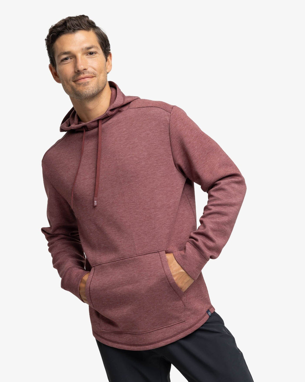 The front view of the Southern Tide Stratford Heather Interlock Hoodie by Southern Tide - Heather Bordeaux Red