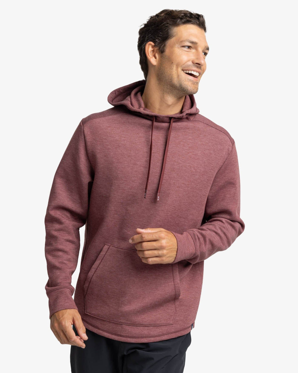 The front view of the Southern Tide Stratford Heather Interlock Hoodie by Southern Tide - Heather Bordeaux Red