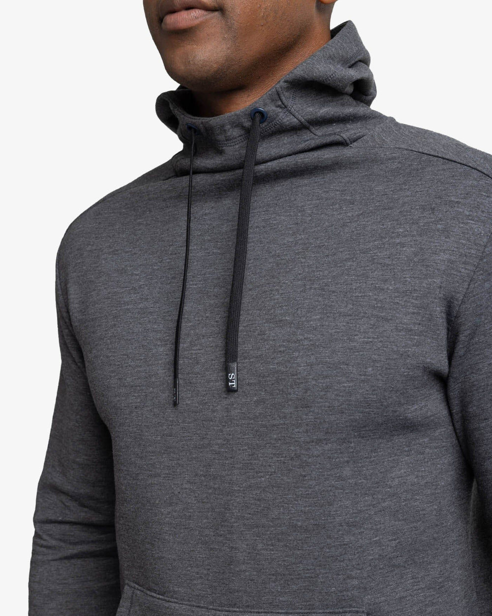 The detail view of the Southern Tide Stratford Heather Interlock Hoodie by Southern Tide - Heather Caviar Black