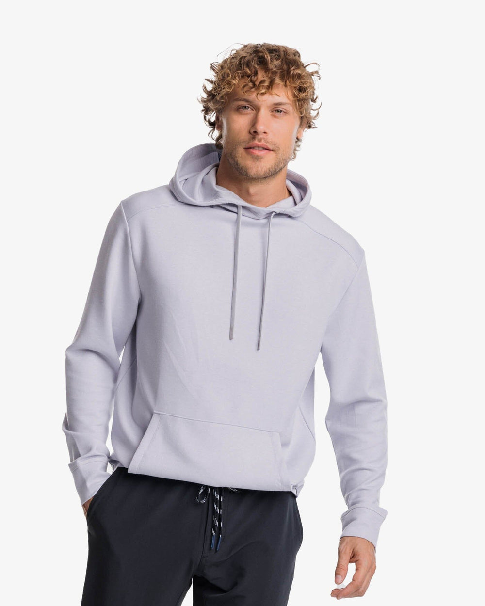 The front view of the Southern Tide Stratford Heather Interlock Hoodie by Southern Tide - Heather Platinum Grey