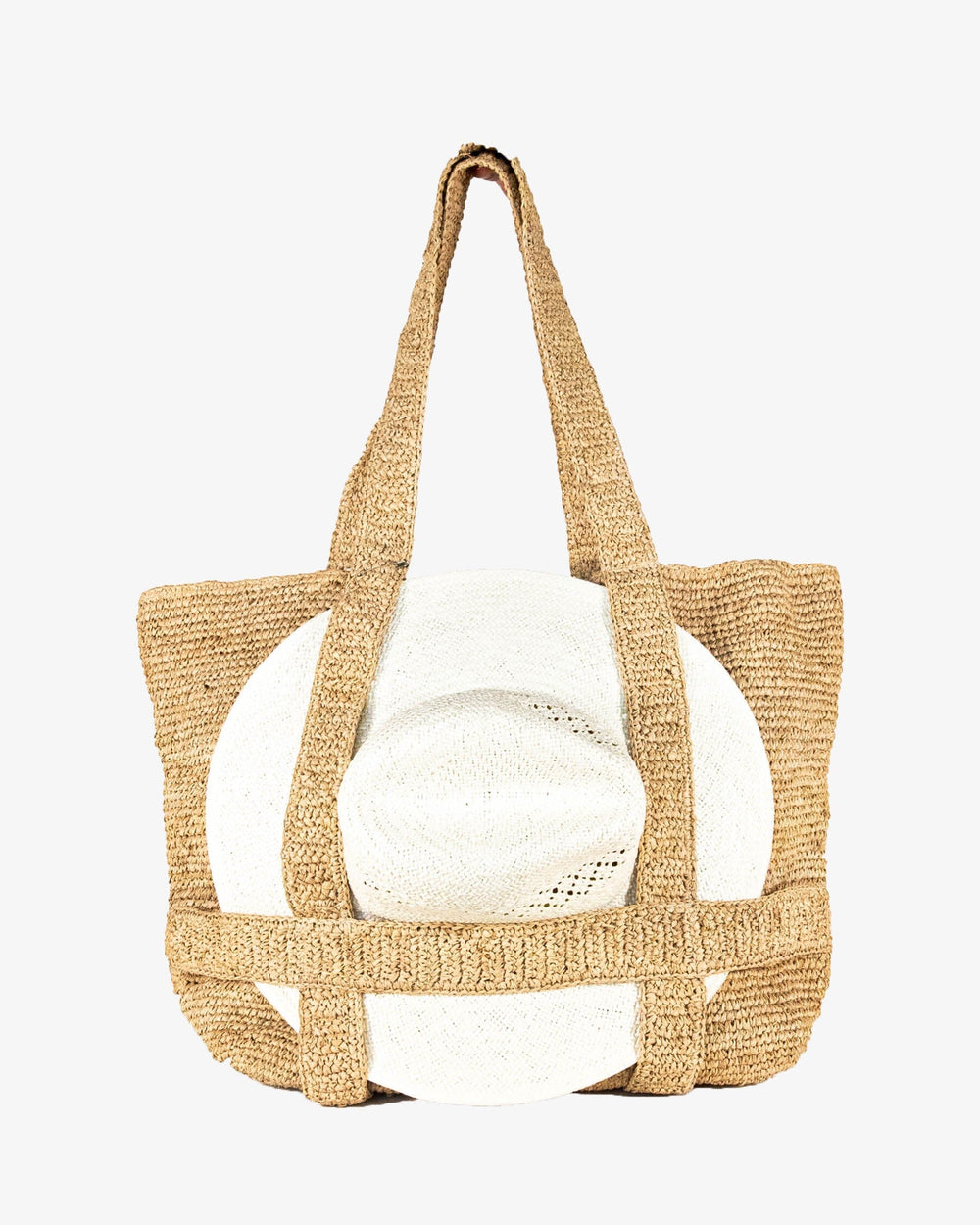 The front with hat view of the Southern Tide Straw Hat Carrier Beach Tote by Southern Tide - Natural