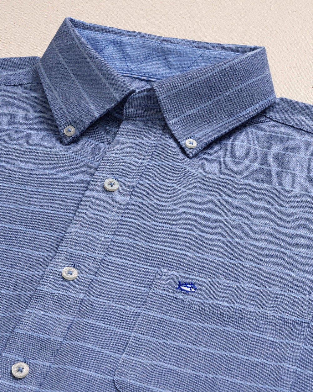 The detail view of the Southern Tide Stringline Charleston Oxford Stripe Sport Shirt by Southern Tide - Nautical Blue