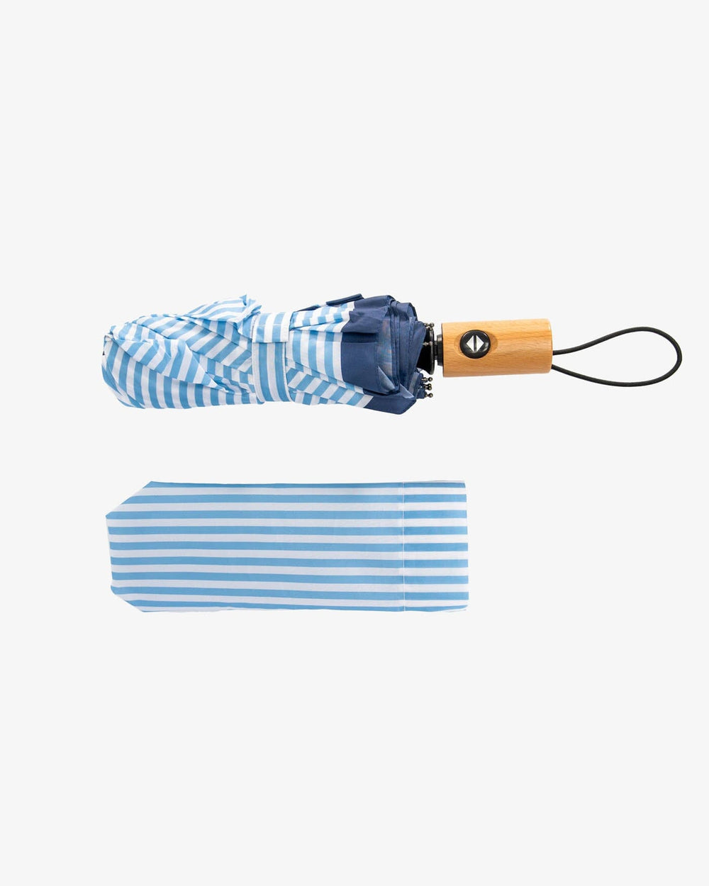 The front view of the Southern Tide Striped Folding Umbrella by Southern Tide - Clearwater Blue
