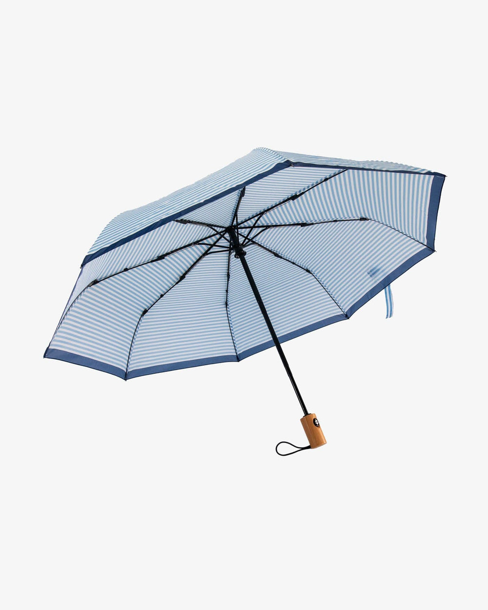 The front view of the Southern Tide Striped Folding Umbrella by Southern Tide - Clearwater Blue