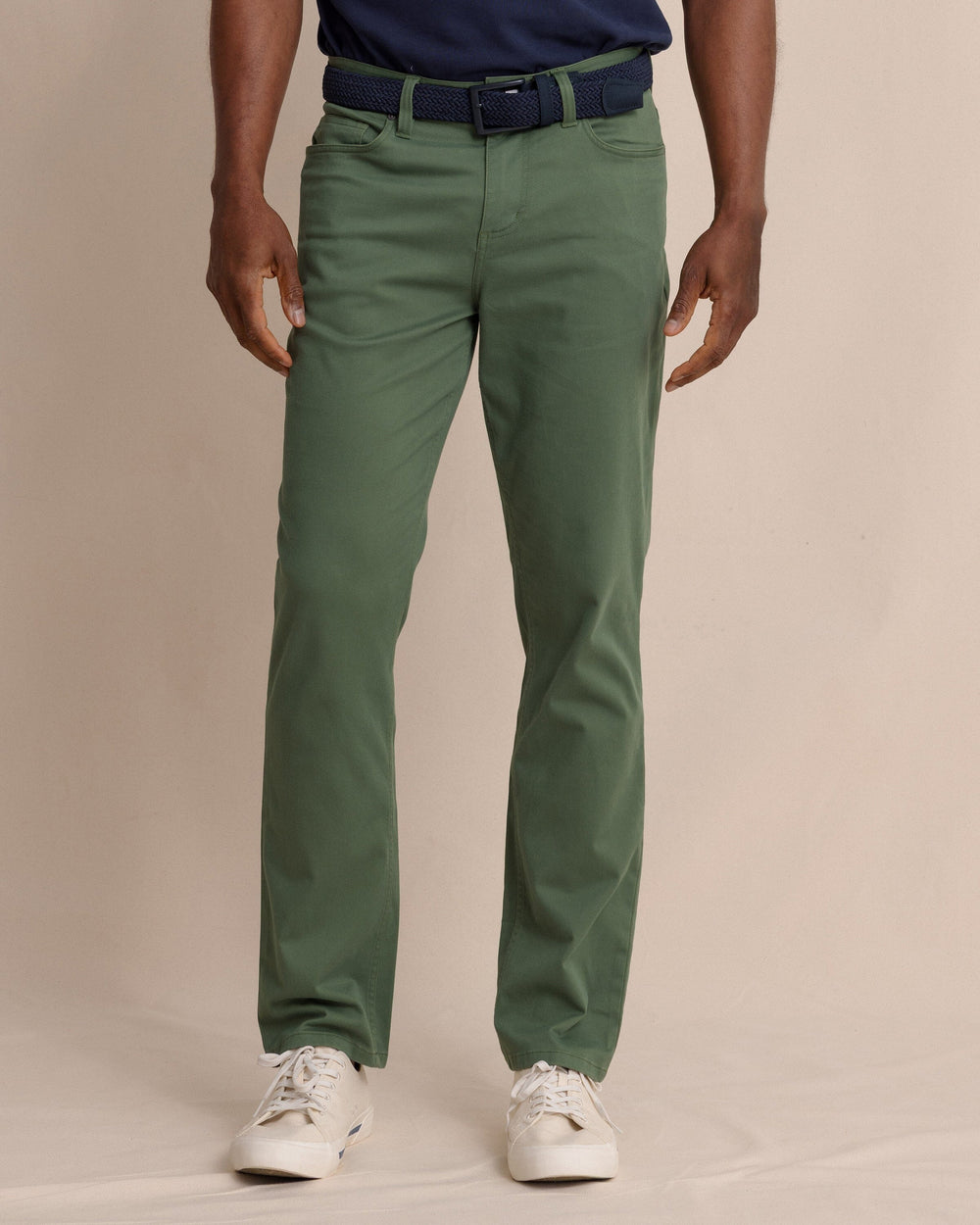 The front view of the Southern Tide Sullivan Five Pocket Pant in Bronze Green by Southern Tide - Bronze Green