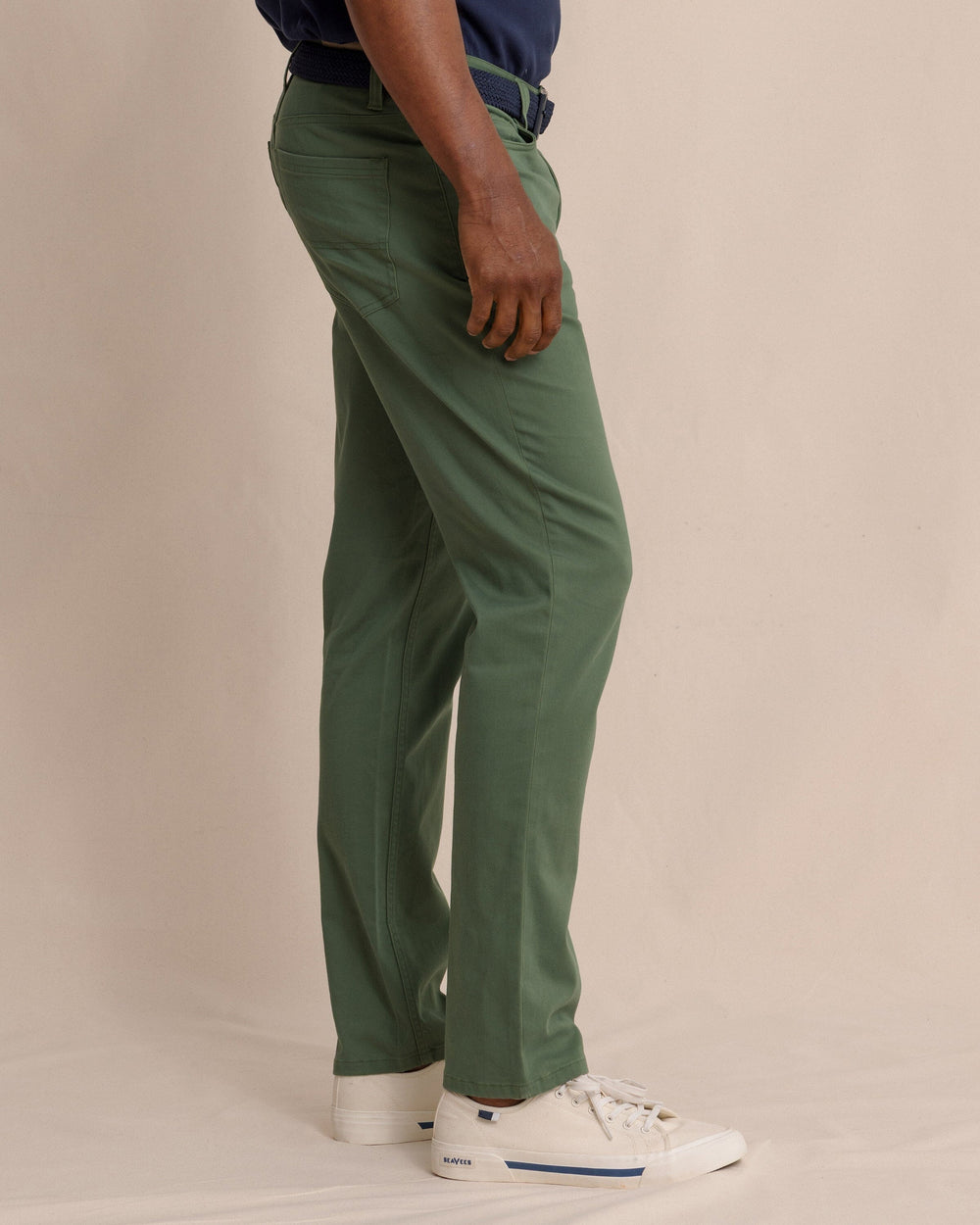 The side view of the Southern Tide Sullivan Five Pocket Pant in Bronze Green by Southern Tide - Bronze Green