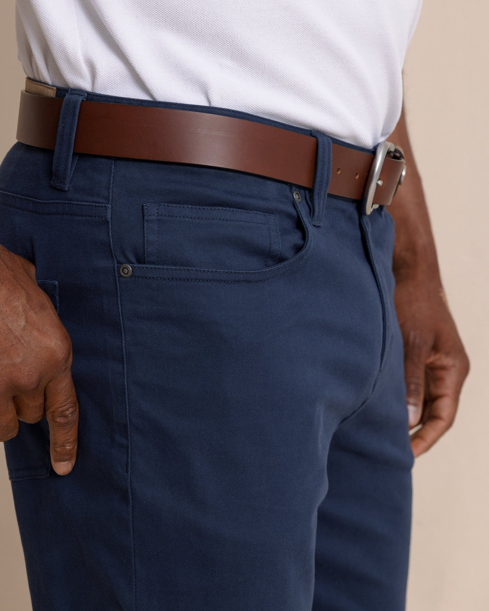 The detail view of the Southern Tide Sullivan Five Pocket Pant in Dress Blue by Southern Tide - Dress Blue