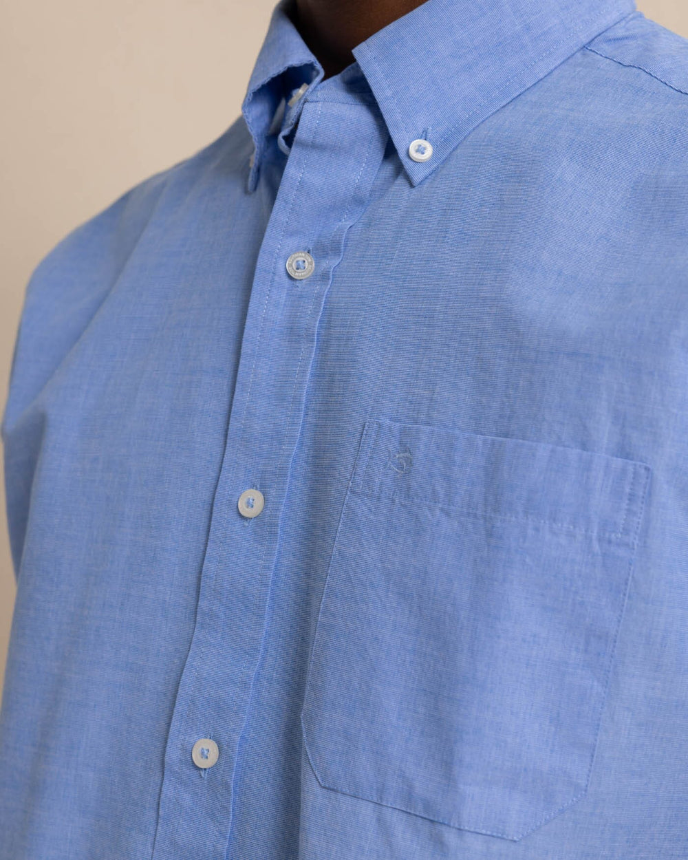 The detail view of the Men's Blue Sullivans Solid Button Down Shirt by Southern Tide - Sail Blue
