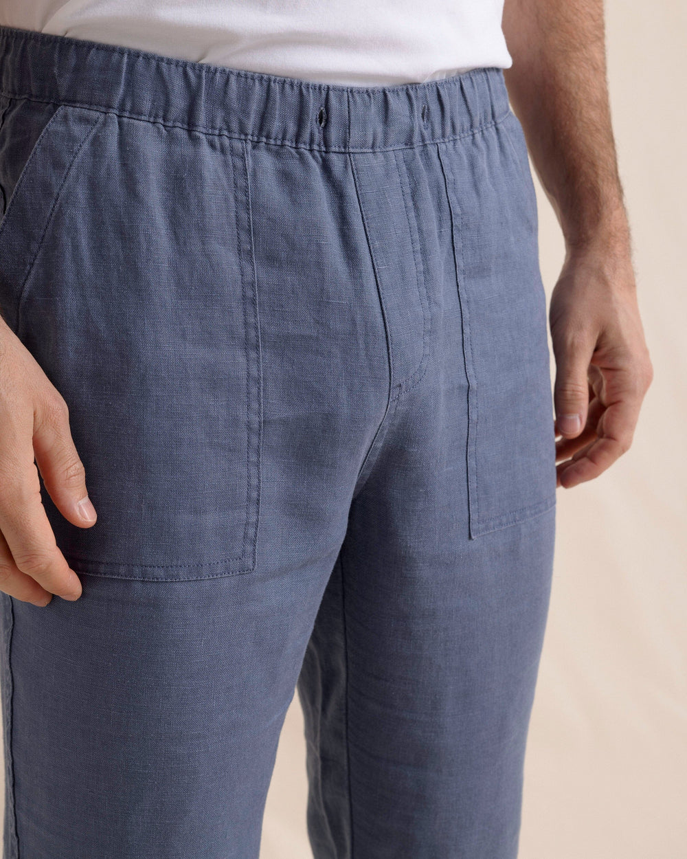 The front detail view of the Southern Tide Summer Bay Linen Pant by Southern Tide - Light Indigo