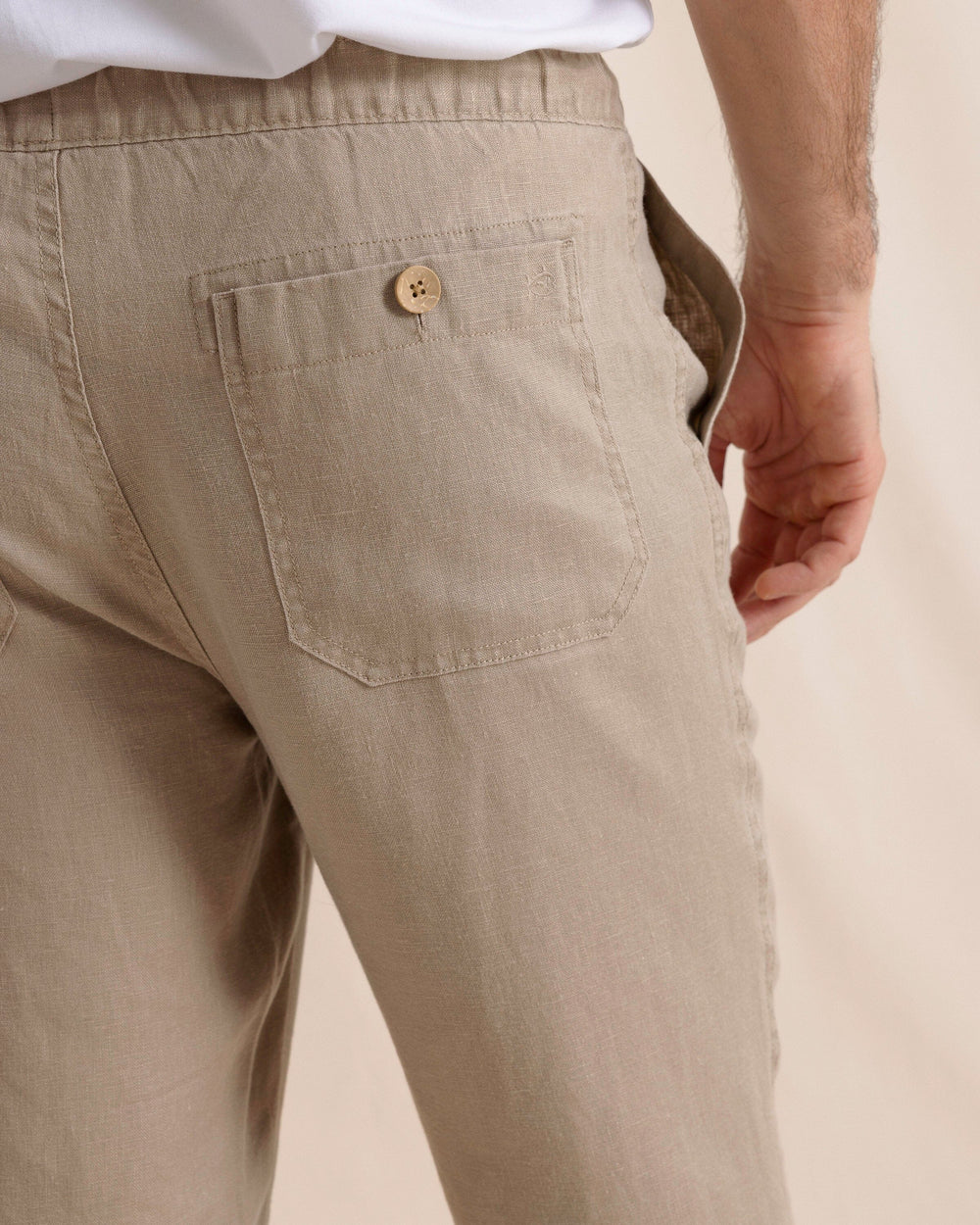 The back detail view of the Southern Tide Summer Bay Linen Pant by Southern Tide - Sandstone Khaki