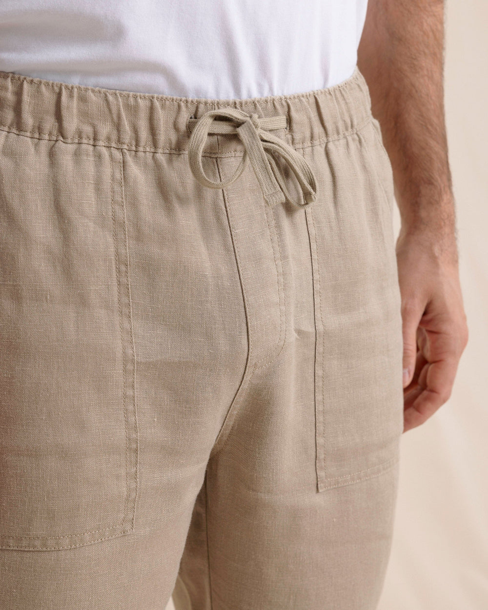 The front detail view of the Southern Tide Summer Bay Linen Pant by Southern Tide - Sandstone Khaki