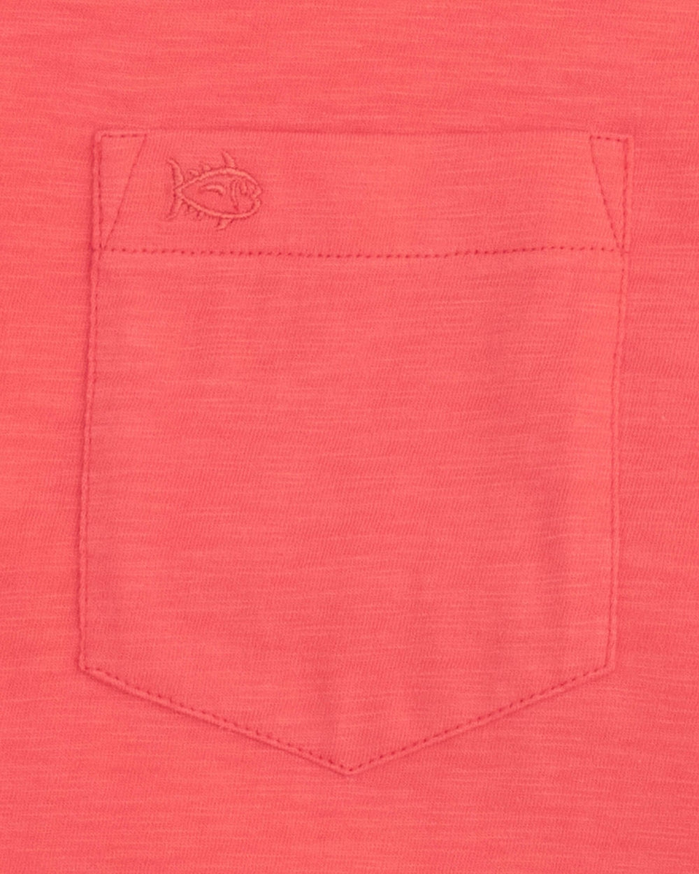 The detail view of the Southern Tide Sun Farer Short Sleeve T-Shirt by Southern Tide - Sunkist Coral