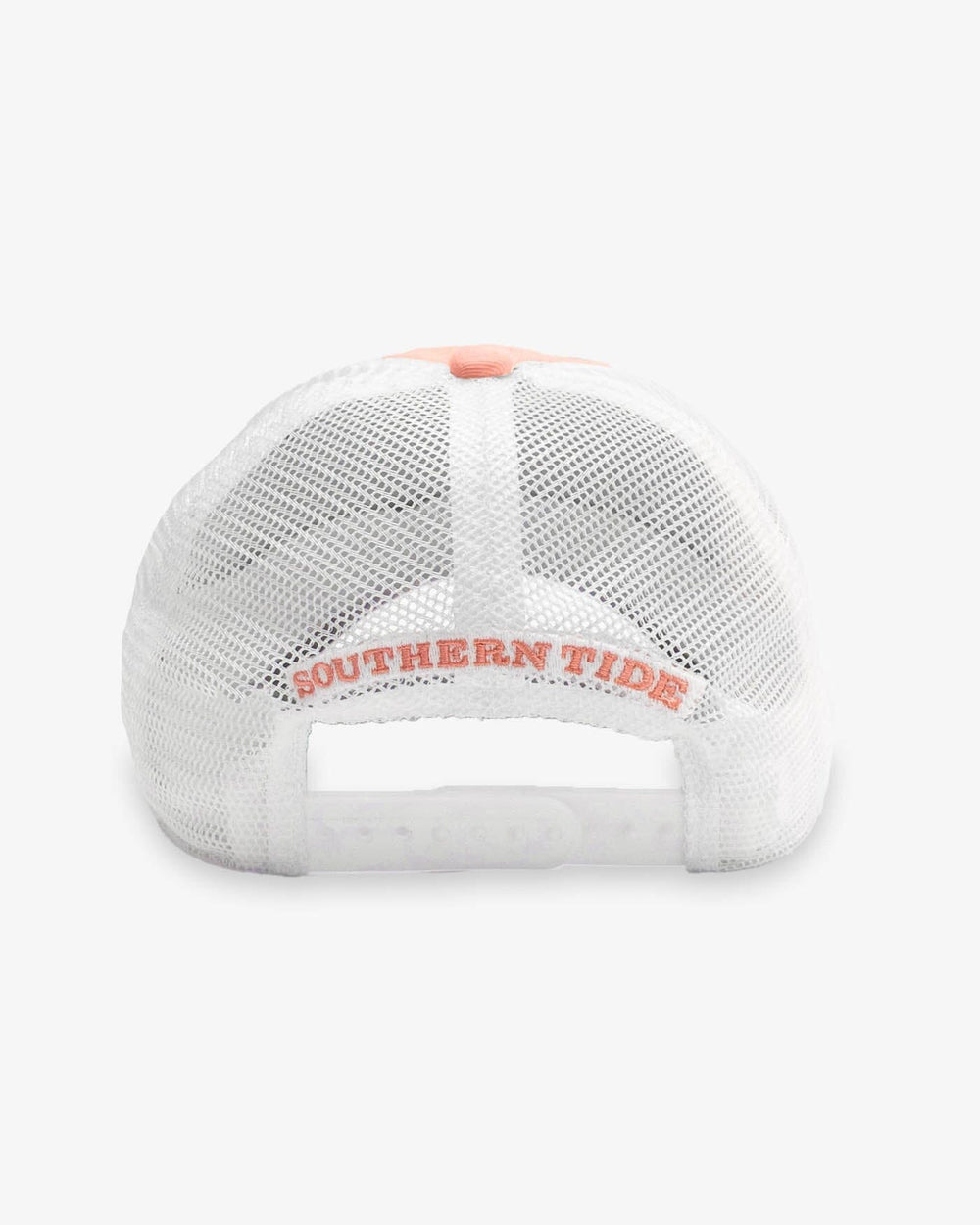 The back view of the Southern Tide Sun Farer Skipjack Fly Patch Trucker Hat by Southern Tide - Apricot Blush Coral