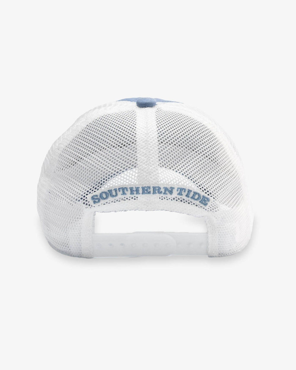 The back view of the Southern Tide Sun Farer Skipjack Fly Patch Trucker Hat by Southern Tide - Subdued Blue