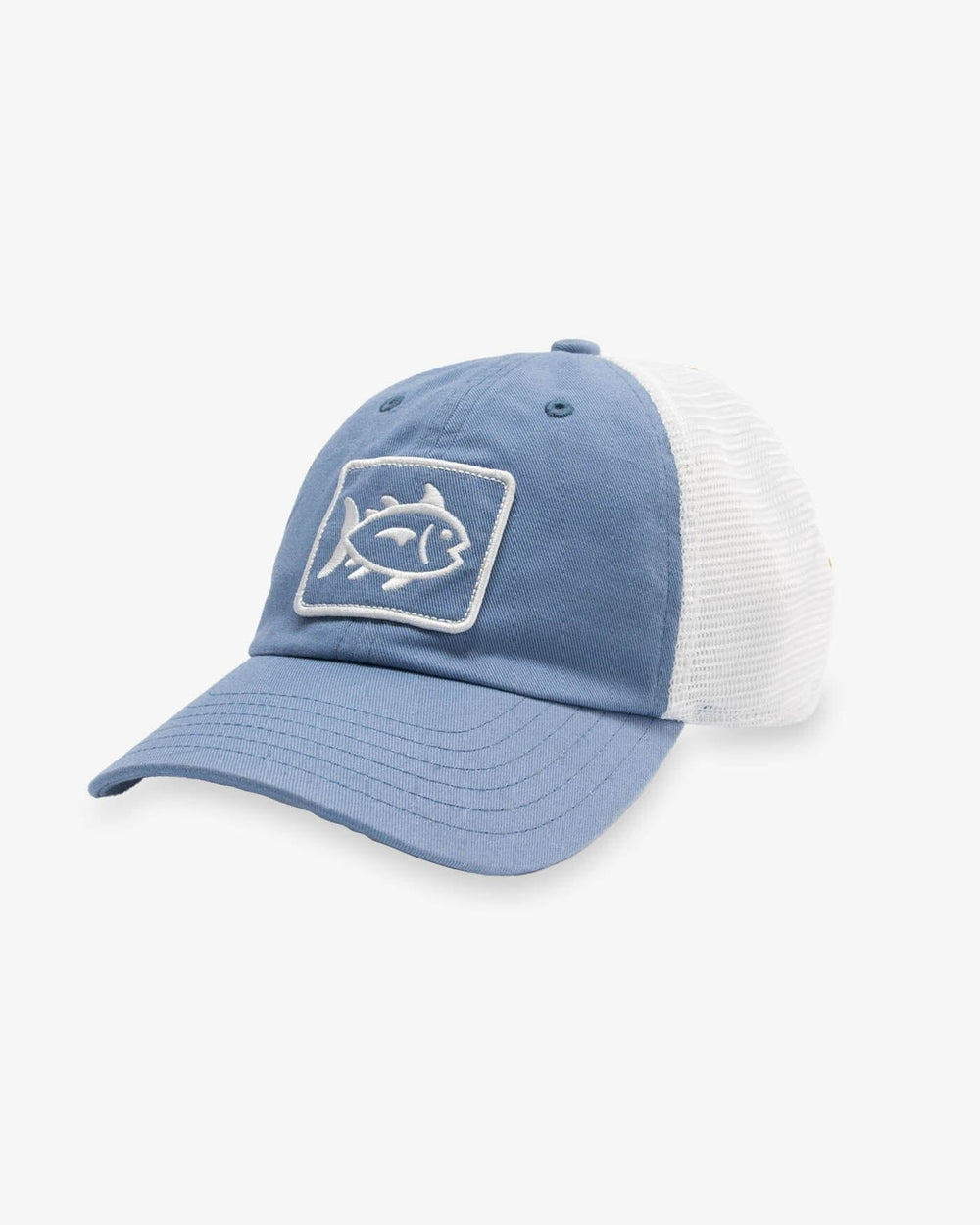 The front view of the Southern Tide Kids Skipjack Fly Patch Sun Farer Trucker by Southern Tide - Subdued Blue
