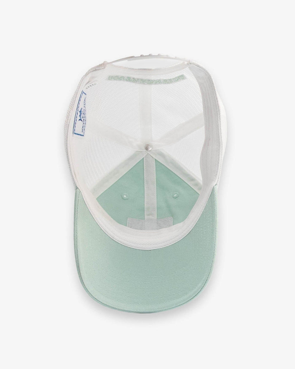 The detail view of the Southern Tide Sun Farer Skipjack Fly Patch Trucker Hat by Southern Tide - Surf Spray Sage