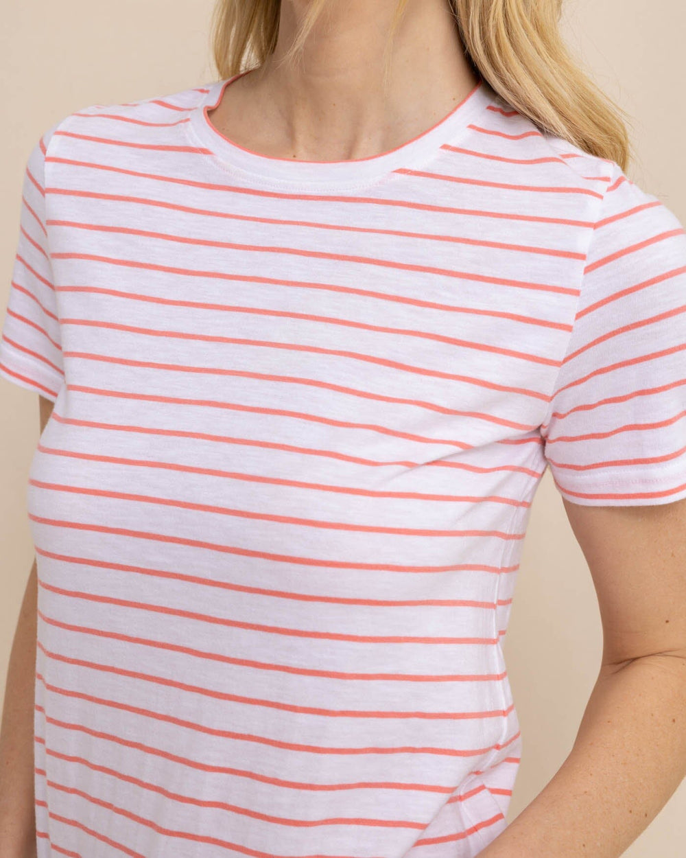 The detail view of the Southern Tide Sun Farer Stripe Crew Neck T-Shirt by Southern Tide - Conch Shell