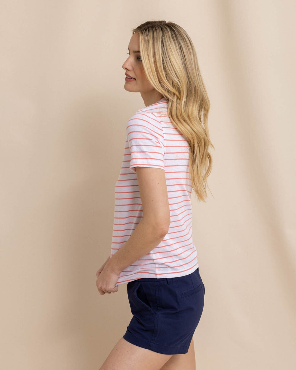 The front view of the Southern Tide Sun Farer Stripe Crew Neck T-Shirt by Southern Tide - Conch Shell