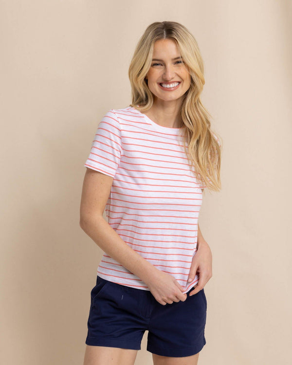 The front view of the Southern Tide Sun Farer Stripe Crew Neck T-Shirt by Southern Tide - Conch Shell