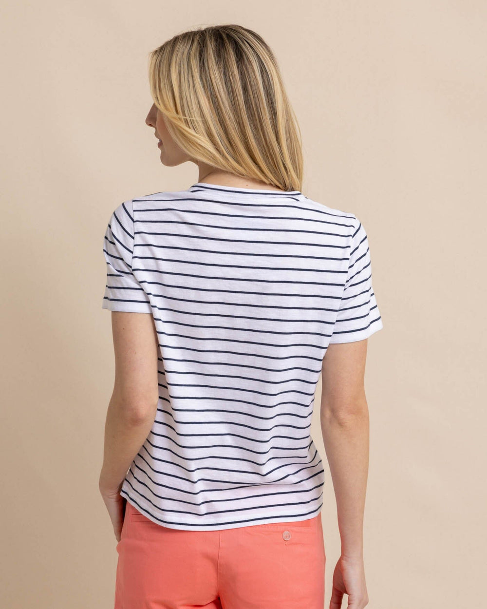 The back view of the Southern Tide Sun Farer Stripe Crew Neck T-Shirt by Southern Tide - Dress Blue