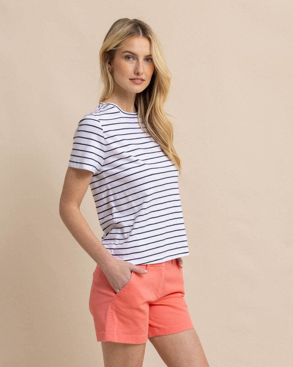 The front view of the Southern Tide Sun Farer Stripe Crew Neck T-Shirt by Southern Tide - Dress Blue