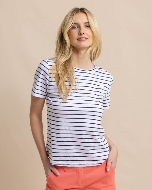 The front view of the Southern Tide Sun Farer Stripe Crew Neck T-Shirt by Southern Tide - Dress Blue